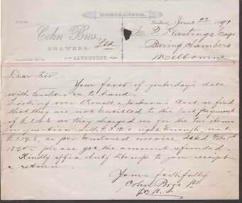 Document - COHN BROTHERS COLLECTION: HANDWRITTEN NOTE DATED 1891