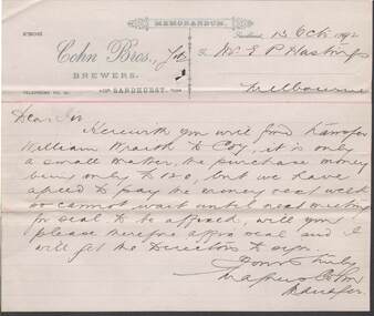 Document - COHN BROTHERS COLLECTION: HANDWRITTEN NOTE DATED 1892