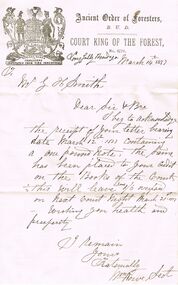 Document - ANCIENT ORDER OF FORESTERS NO. 3770 COLLECTION: CORRESPONDENCE