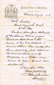 Document - ANCIENT ORDER OF FORESTERS NO. 3770 COLLECTION: CORRESPONDENCE