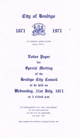 Document - BENDIGO CITY COUNCIL:  NOTICE PAPER FOR SPECIAL MEETING 21/7/1971, 21st July 1971