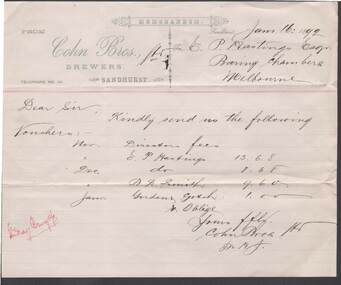 Document - COHN BROTHERS COLLECTION: HANDWRITTEN NOTE DATED 1892