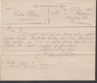 Document - COHN BROTHERS COLLECTION: HANDWRITTEN LETTER DATED 1892