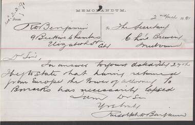 Document - COHN BROTHERS COLLECTION: HANDWRITTEN NOTE DATED 1891
