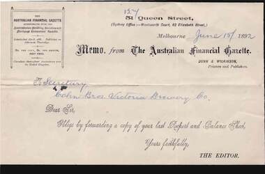 Document - COHN BROTHERS COLLECTION: 1892 PRINTED MEMO AUSTRALIAN FINANCIAL GAZETTE