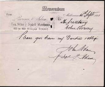 Document - COHN BROTHERS COLLECTION: 1891 PRINTED MEMORANDUM LETTERHEAD