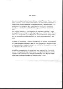 Document - RAILWAYS COLLECTION: LETTER AND DETAILS OF GARY YORSTON'S WORK WITH THE VICTORIAN RAILWAYS
