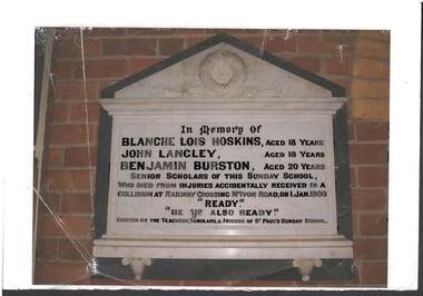 Photograph - RAILWAYS COLLECTION:  MEMORIAL STONE FOR BLANCHE HOSKINS, JOHN LANGLEY AND BENJAMIN BURSTON