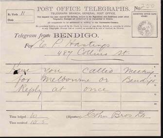 Document - COHN BROTHERS COLLECTION: 1895 BENDIGO POST OFFICE TELEGRAM