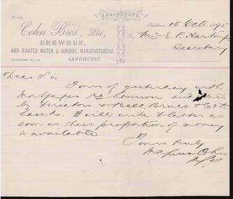 Document - COHN BROTHERS COLLECTION: 1895 HANDWRITTEN NOTE