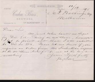 Document - COHN BROTHERS COLLECTION: 1895 HANDWRITTEN NOTE