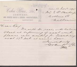 Document - COHN BROTHERS COLLECTION: 1895 HANDWRITTEN NOTE