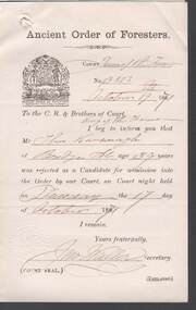 Document - ANCIENT ORDER OF FORESTERS NO. 3770 COLLECTION - CORRESPONDENCE