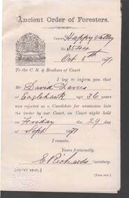 Document - ANCIENT ORDER OF FORESTERS NO. 3770 COLLECTION: CORRESPONDENCE