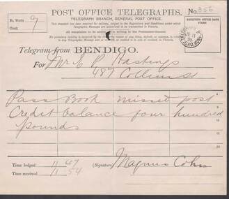 Document - COHN BROTHERS COLLECTION: 1895 POST OFFICE TELEGRAM