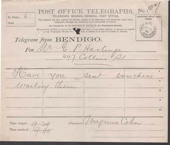 Document - COHN BROTHERS COLLECTION: 1894 POST OFFICE TELEGRAM