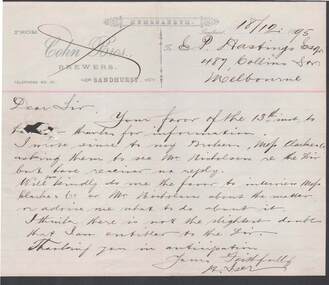 Document - COHN BROTHERS COLLECTION: 1895 MEMORANDUM E. P. HASTINGS