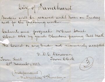 Document - TENDER DOCUMENT: CULVERTS AND FOOTPATHS, 1882, 21/11/1882