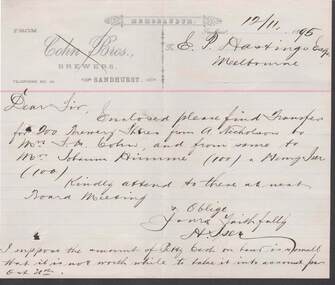 Document - COHN BROTHERS COLLECTION: 1895 MEMORANDUM E. P. HASTINGS