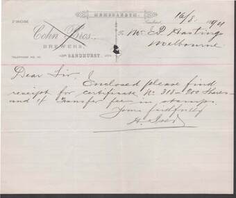 Document - COHN BROTHERS COLLECTION: 1894 MEMORANDUM E. P. HASTINGS