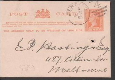 Postcard - COHN BROTHERS COLLECTION: 1895 VICTORIA STATE POSTCARD ADDRESSED TO E.P. HASTINGS