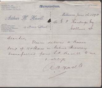 Document - COHN BROTHERS COLLECTION: 1894 MEMORANDUM ARTHUR HASELL