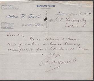 Document - COHN BROTHERS COLLECTION: 1894 MEMORANDUM ARTHUR HASELL