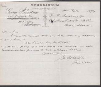 Document - COHN BROTHERS COLLECTION: 1894-1895 MEMORANDUM FROM GEORGE ROBERTSON