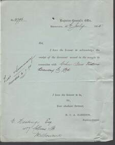 Document - COHN BROTHERS COLLECTION: 1895 REGISTRAR GENERAL OFFICE NOTE