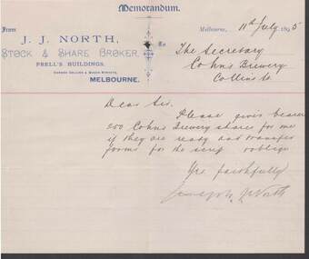 Document - COHN BROTHERS COLLECTION: 1895 MEMORANDUM FROM NORTH STOCK BROKER