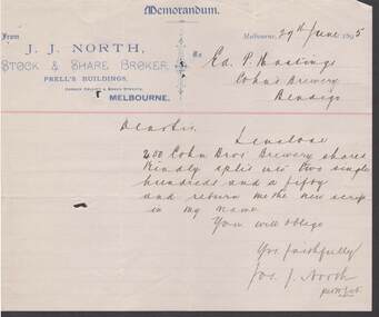 Document - COHN BROTHERS COLLECTION: 1895 MEMORANDUM FROM J.J.NORTH STOCK BROKER