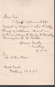 Document - COHN BROTHERS COLLECTION: 1895 HANDWRITTEN NOTE