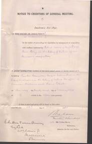 Document - COHN BROTHERS COLLECTION: 1894 NOTICE TO CREDITORS OF GENERAL MEETING