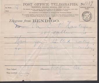 Document - COHN BROTHERS COLLECTION: 1893 POST OFFICE TELEGRAM