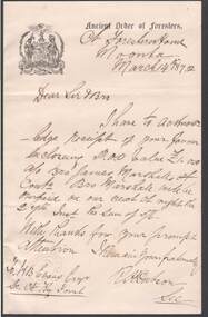 Document - ANCIENT ORDER OF FORESTERS NO. 3770 COLLECTION: CORRESPONDENCE