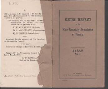 Book - RAILWAYS COLLECTION: STATE ELECTRICITY COMMISSION OF VICTORIA ELECTRIC TRAMWAYS BY-LAW NO1