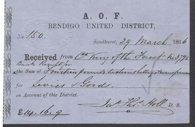Document - ANCIENT ORDER OF FORESTERS BENDIGO UNITED DISTRICT: RECEIPT NO 150