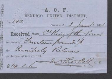 Document - ANCIENT ORDER OF FORESTERS BENDIGO UNITED DISTRICT: RECEIPT NO 142