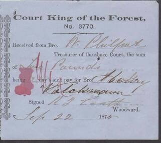 Document - ANCIENT ORDER OF FORESTERS NO. 3770 COLLECTION: RECEIPT