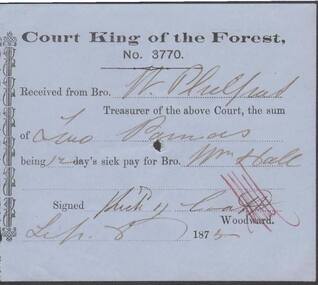 Document - ANCIENT ORDER OF FORESTERS NO. 3770 COLLECTION: RECEIPT