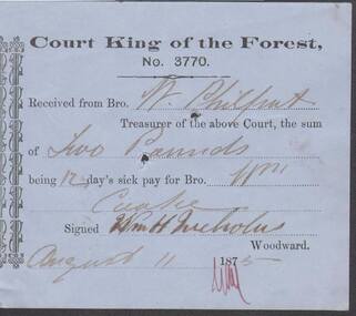 Document - ANCIENT ORDER OF FORESTERS NO. 3770 COLLECTION: RECEIPT