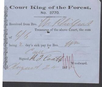 Document - ANCIENT ORDER OF FORESTERS NO. 3770 COLLECTION: RECEIPT
