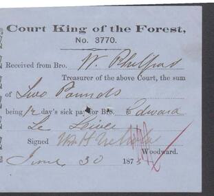 Document - ANCIENT ORDER OF FORESTERS NO. 3770 COLLECTION: RECEIPT