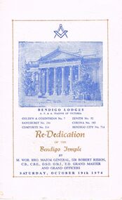 Document - RE-DEDICATION OF THE BENDIGO TEMPLE, VIEW STREET, BENDIGO, 19 October 1974