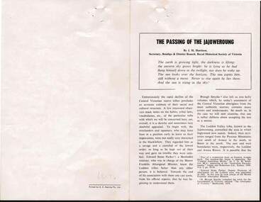 Document - SMALL BROCHURE: THE PASSING OF THE JAJOWEROUNG BY J.H. HARRISON