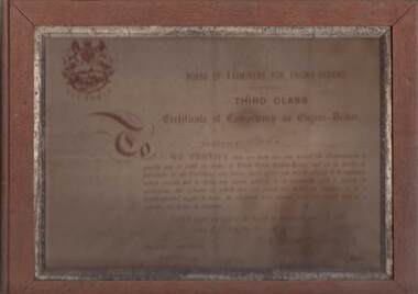 Document - COHN BROTHERS COLLECTION: WOODEN FRAMED 'BOARD OF EXAMINERS FOR ENGINE DRIVERS' AWARDED TO JULIUS COHN