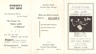 Document - TEL-AVIV STRING QUARTET, CITY HALL, BENDIGO, 11 August, 1970