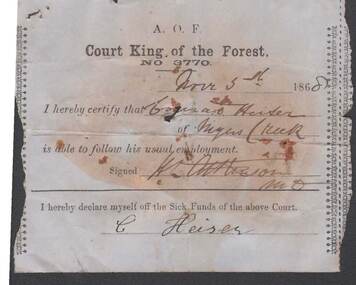 Document - ANCIENT ORDER OF FORESTERS NO. 3770 COLLECTION: MEDICAL CERTIFICATE