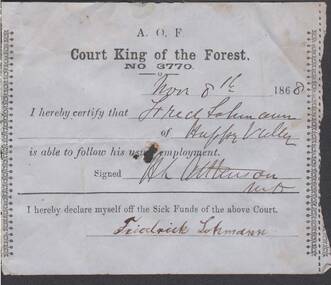 Document - ANCIENT ORDER OF FORESTERS NO. 3770 COLLECTION: MEDICAL CERTIFICATE