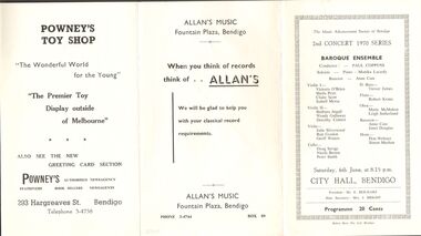 Document - BAROQUE ENSEMBLE, CITY HALL, BENDIGO, 6 June, 1970